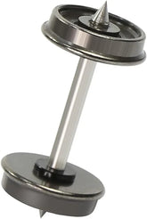 HO scale 24-piece metal wheelsets with DC metal wheels and axles for model trains, shown in a close-up view.