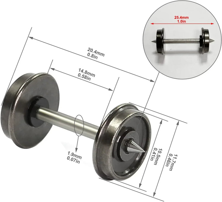 HO scale 36-inch metal wheelsets with DC wheels and axles for model trains, featuring detailed metal construction by EVEMODEL