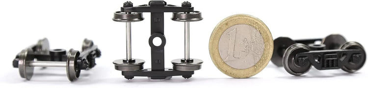 HO scale 1:87 roller bearing truck set by Evemodel with 36-inch metal DC wheels and triple-spring bogies.
