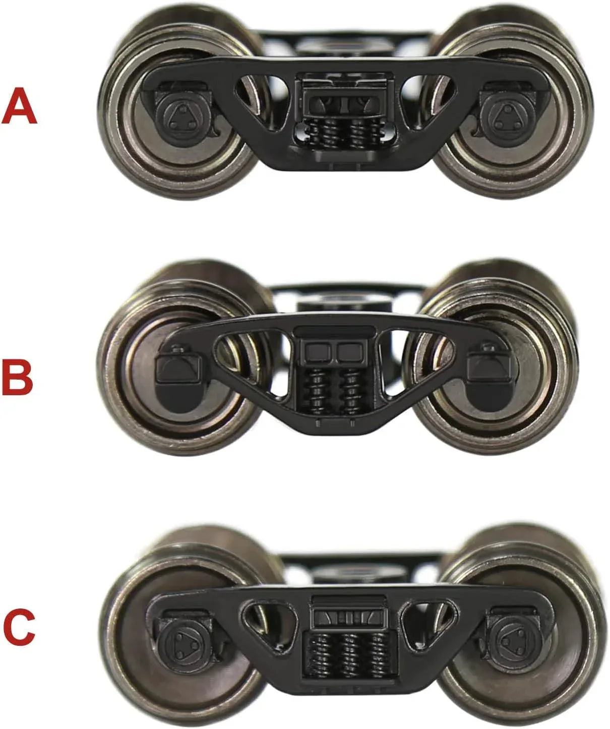 HO scale 1:87 Evemodel roller bearing truck set with 36" metal DC wheels and triple-spring bogies, four-piece model.