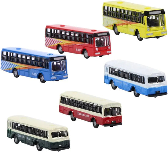 Six diecast model buses in 1:160 scale, evemodel BS150 set, for urban and railway scenery enhancements.