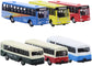 Set of six evemodel BS150 diecast model buses in 1:160 N scale, ideal for urban and railway scenery displays.