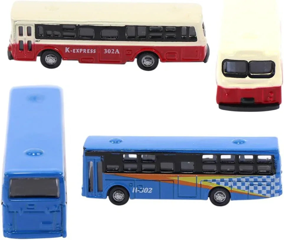 Evemodel BS150 6-piece diecast model bus set in N scale, detailed urban and railway scenery accessories, realistic vehicle models