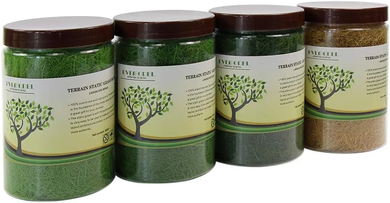 Evemodel CFA4 4 x 300ml green static grass terrain powder for fairy gardens, miniatures, landscapes, and model railway layouts