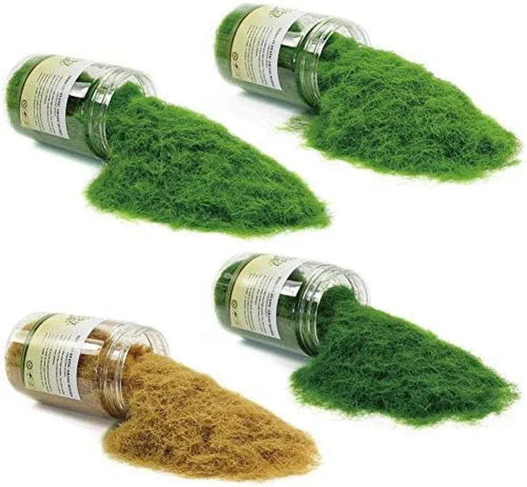 Evemodel CFA7 4-pack of 300ml green static grass for fairy gardens, miniatures, landscapes, and model railway layouts.