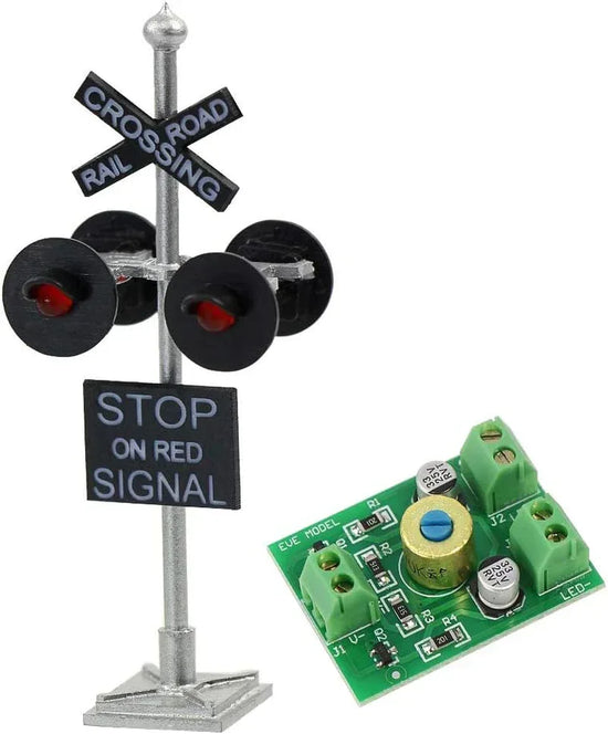 Evemodel HO scale railroad crossing sign set with 4 LED flashing red train signal lights and circuit board for model train decoration