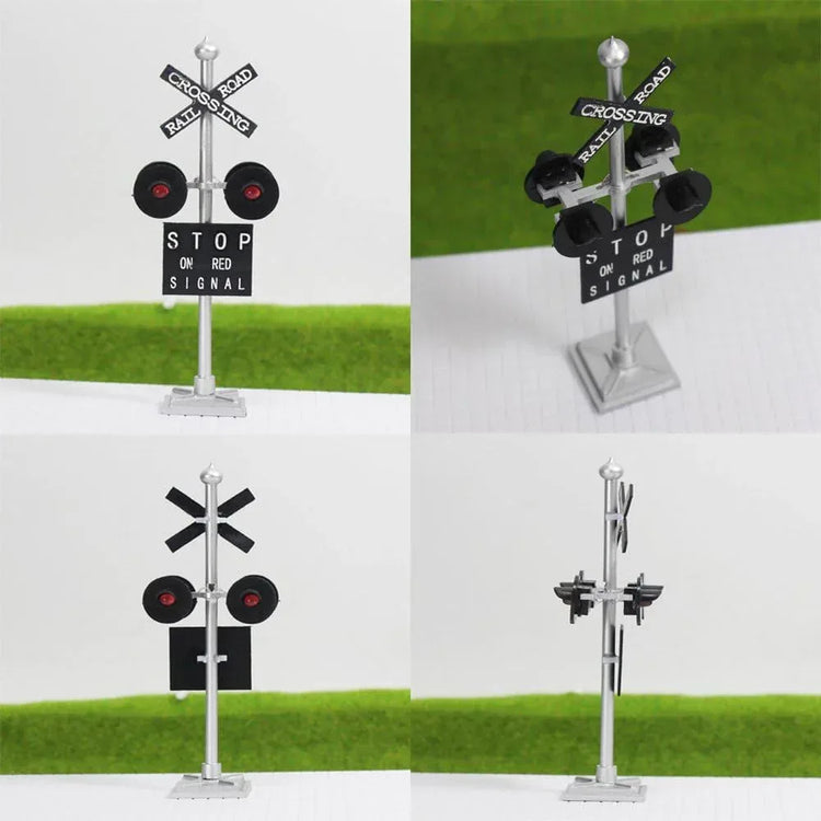Evemodel HO scale railroad crossing sign set with four LED flashing red signal lights and circuit board flasher for model train layout.