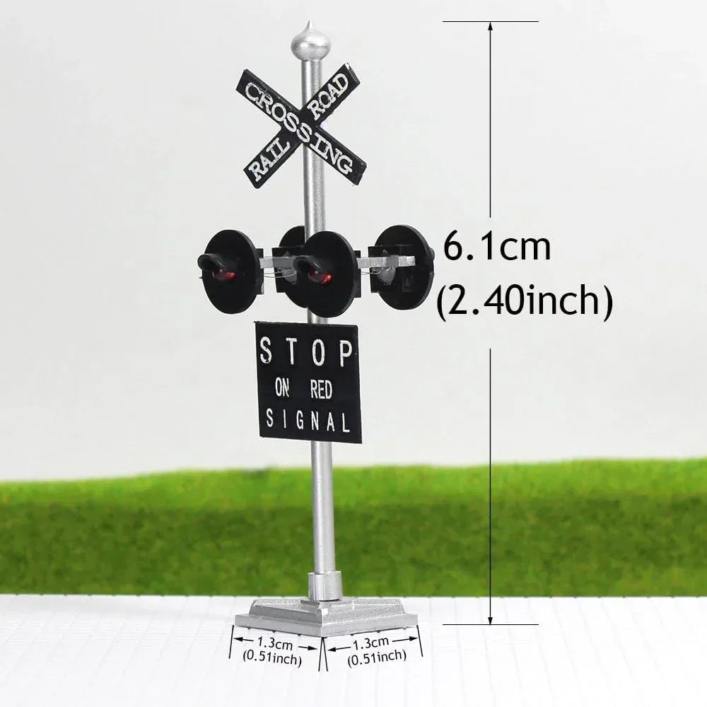Evemodel HO scale railroad crossing sign set with flashing red LED train signal lights and circuit board flasher for model train layouts.