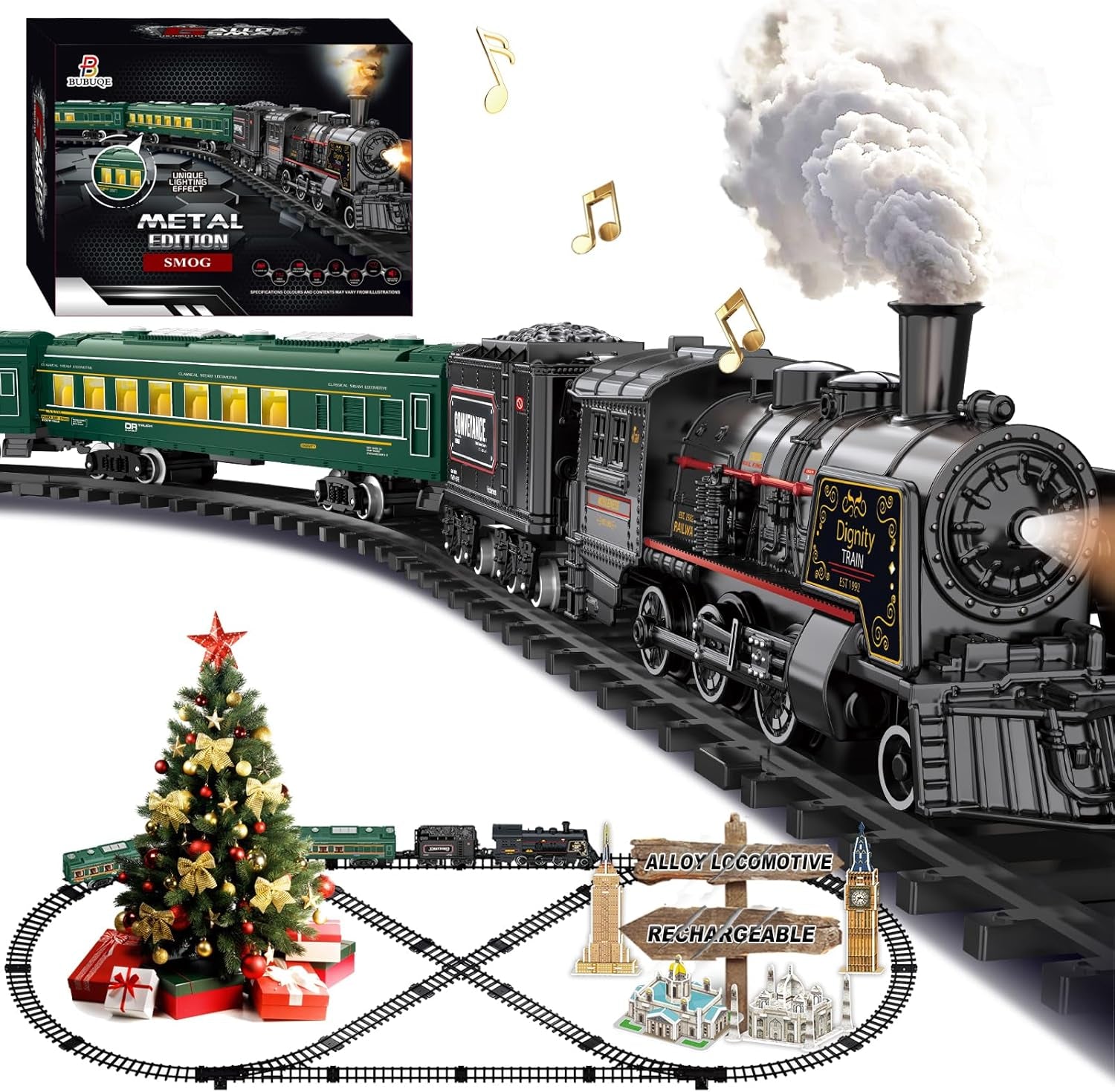 Electric Train Set for Children - Metal Alloy Christmas Steam Locomotive with Illuminated Passenger Carriages, Premium Tracks, Sound & Light Features, Rechargeable Gift for Boys and Girls in Red and Green