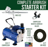 Master Airbrush G22 airbrush kit with compressor, dual-action gravity feed airbrush, 0.3mm tip, fluid cup, and hose.