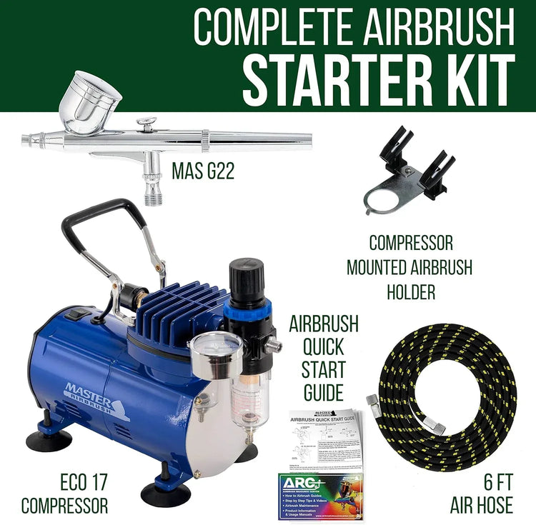 Master Airbrush G22 airbrush kit with compressor, dual-action gravity feed airbrush, 0.3mm tip, fluid cup, and hose.