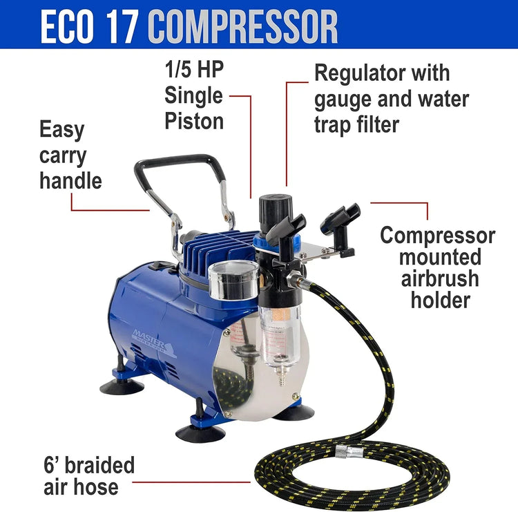 Master Airbrush G22 airbrush kit with compressor, dual-action gravity feed airbrush, 0.3mm tip, fluid cup, hose, and compressor