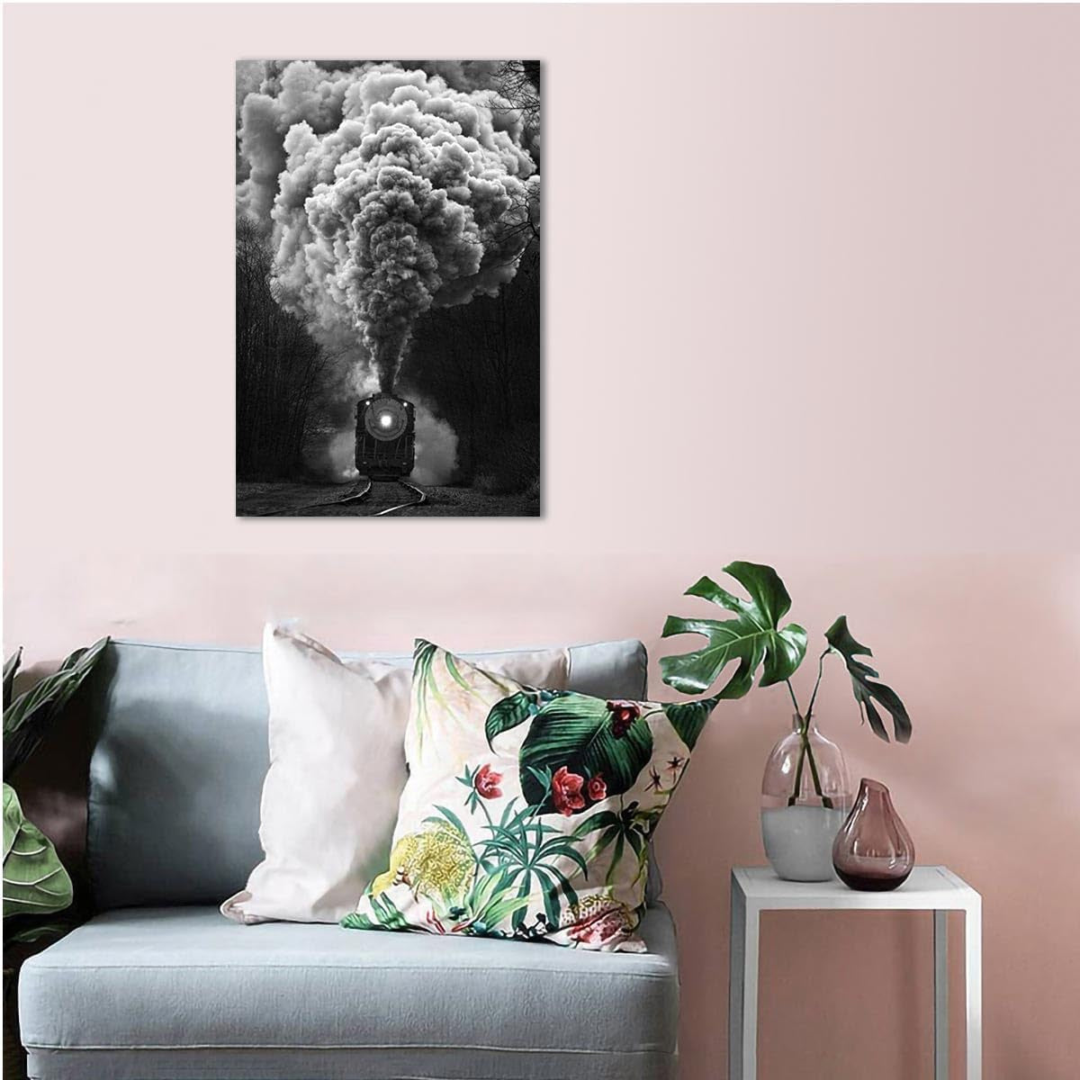 Black and White Pictures - Vintage Steam Train Canvas Wall Art Poster - Retro Painting Modern Rustic Artwork Print Wall Decor Gift for Living Room Bedroom Bathroom Home Farmhouse, 12"X18" No Frame