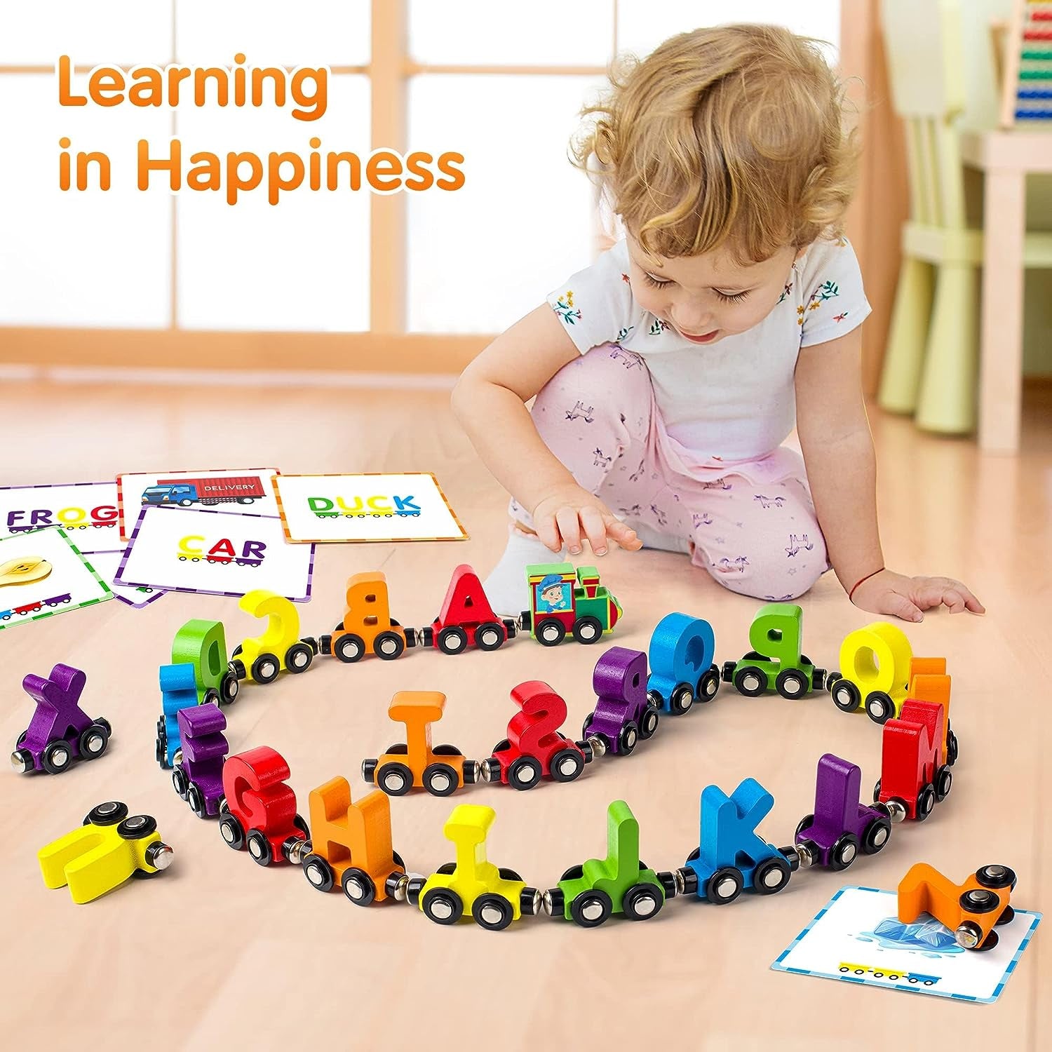 Discover the Joy of Learning with the Vanmor 27-Piece Magnetic Wooden Alphabet Train Set - Complete with 42 Flash Cards, Engine, and Storage Bag for Kids Aged 3 to 7!