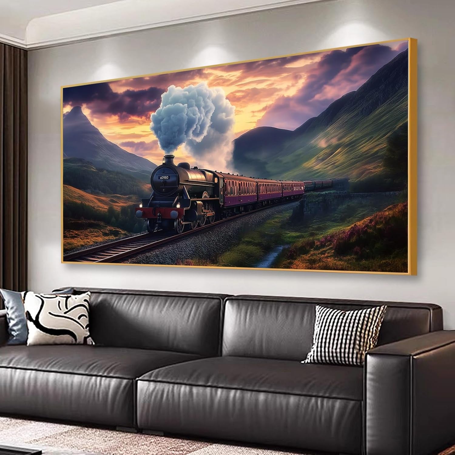 Steam Train Canvas Wall Art, Mountains Landscape Canvas Wall Art, Train Wall Decor, Steam Locomotive Train Picture, Nature Pictures Wall Decor, Wall Art for Living Room Bedroom (Gold Framed, 30"X17" | 76X43Cm)