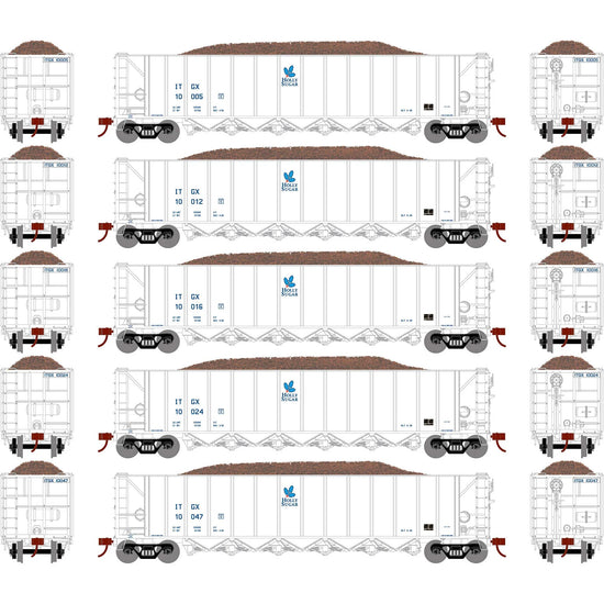 HO RTR 5-Bay Rapid Discharge Hopper in white, designed for HO scale model trains, featuring detailed freight car with open bays.
