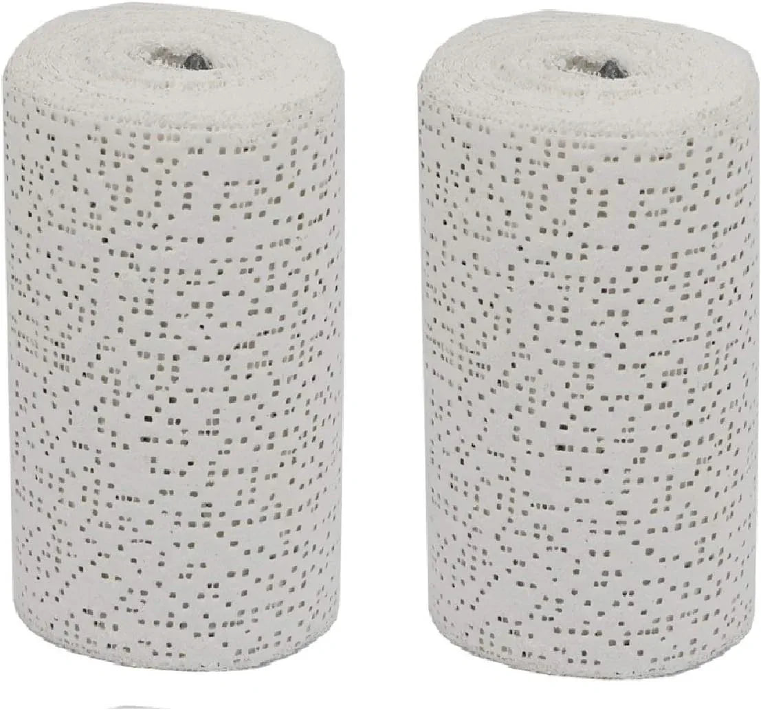 Two white plaster cloth gauze bandage rolls, 6-inch by 15-foot, for art, body casting, mask making, and sculpture crafts.