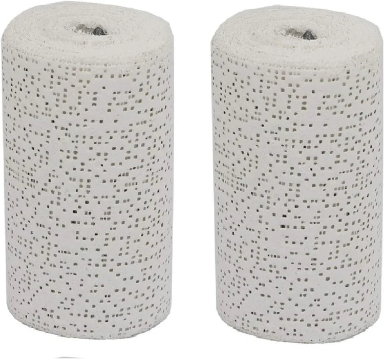 Two white plaster cloth gauze bandage rolls, 6-inch by 15-foot, for art, body casting, mask making, and sculpture crafts.