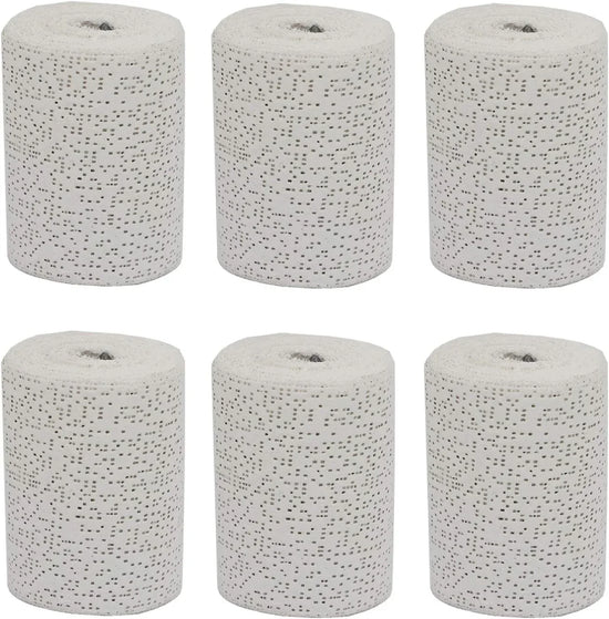 Fermus white plaster cloth gauze bandage rolls for art and sculpture, showing rolled sheets and application details.