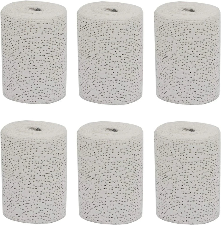 Fermus white plaster cloth gauze bandage rolls for art and sculpture, showing rolled sheets and application details.
