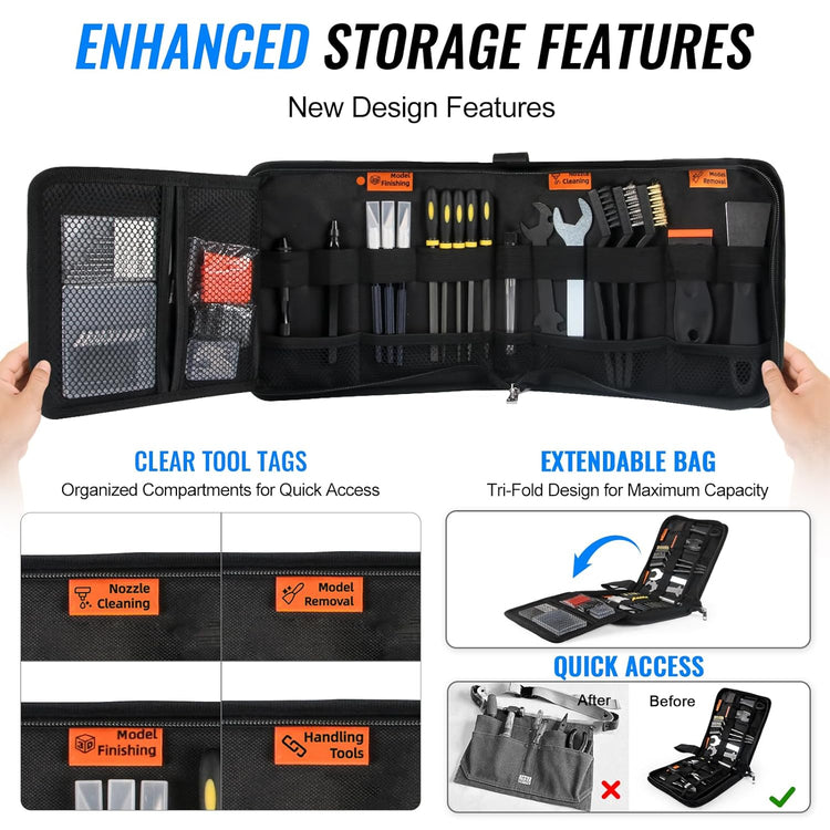 68-Piece 3D Printer Tool Kit with Storage Case - Comprehensive Accessories Including Deburring Tool, Scrapers, Metal Files, Brushes, Hand Drill, and Tweezers for Bambu Lab, Ender 3, Kobra, and More