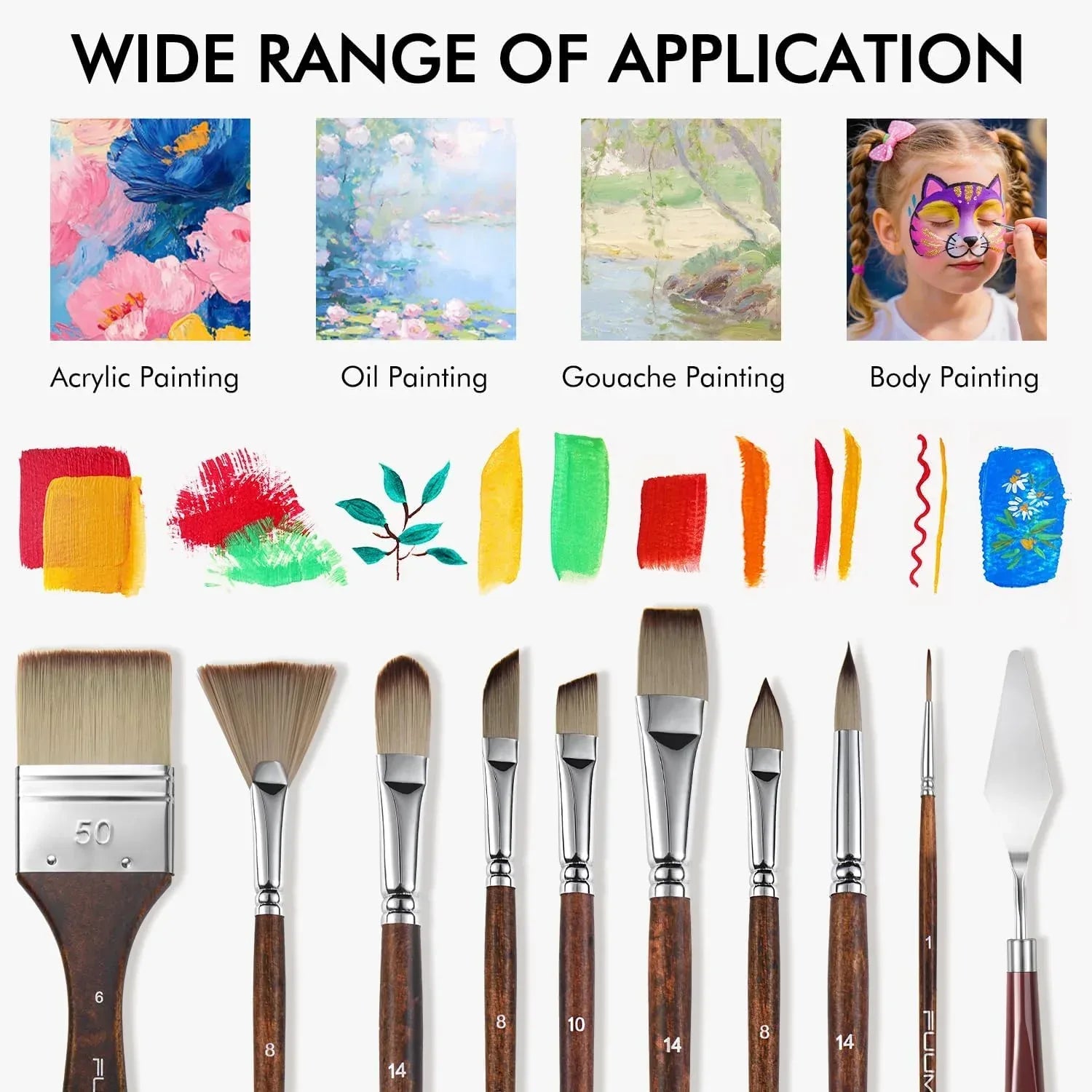 Set of 25 professional acrylic paint brushes by Fuumuui, featuring various sizes with wooden handles and synthetic bristles.