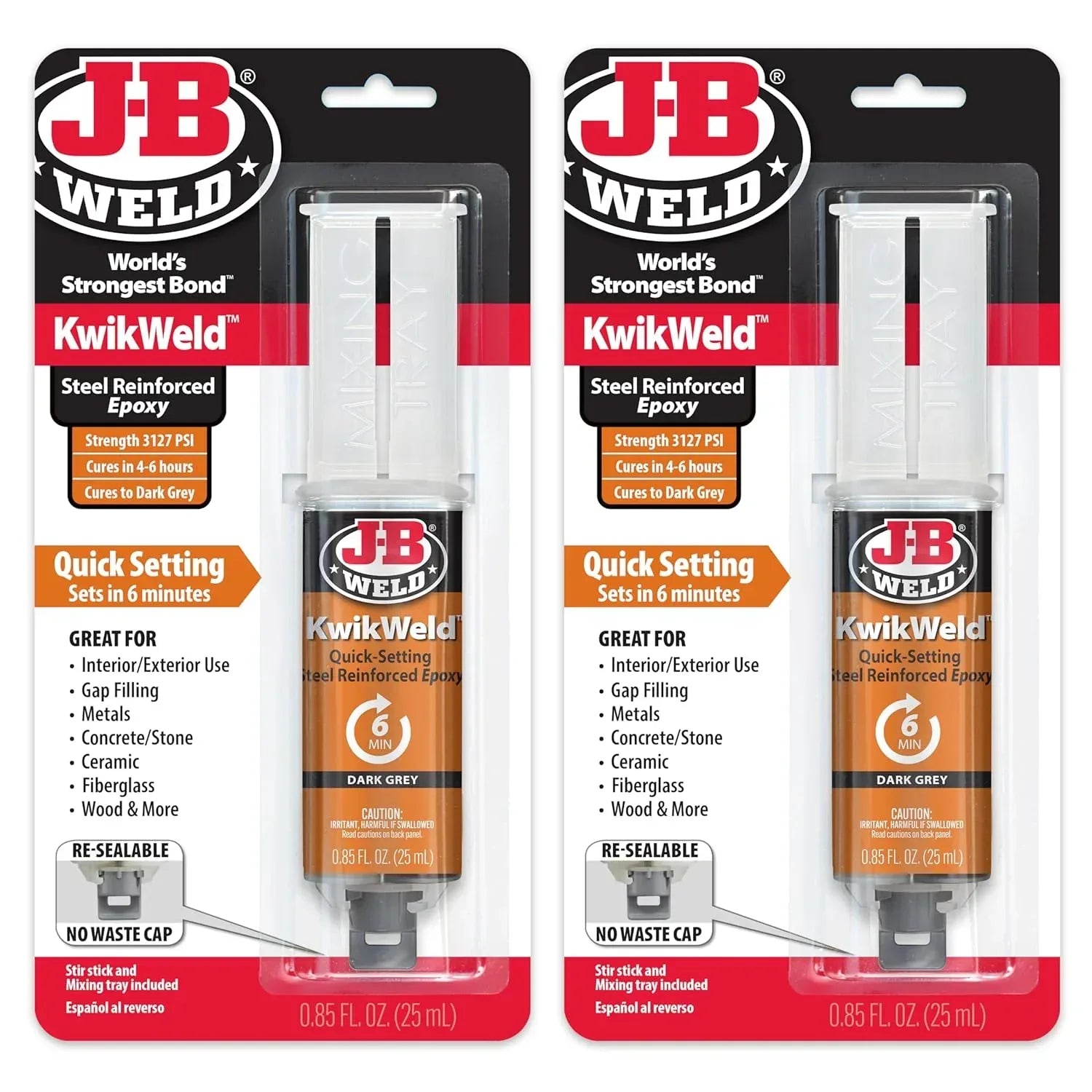 J-B Weld Kwikweld 6-Minute Set waterproof epoxy in dark grey, 2-pack, high strength repair adhesive for various surfaces.