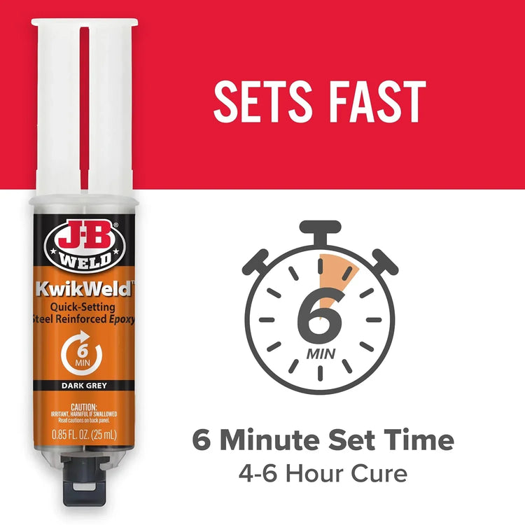 J-B Weld Kwikweld 6-Minute Set waterproof epoxy in dark grey, 2-pack, high-strength industrial adhesive for quick repairs.