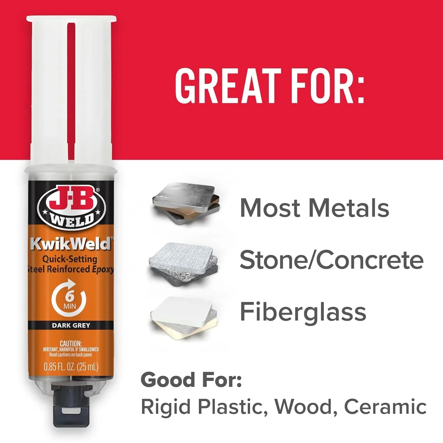 J-B Weld Kwikweld high-strength waterproof epoxy in dark grey, 2-pack, shows the product tubes ready for quick repairs
