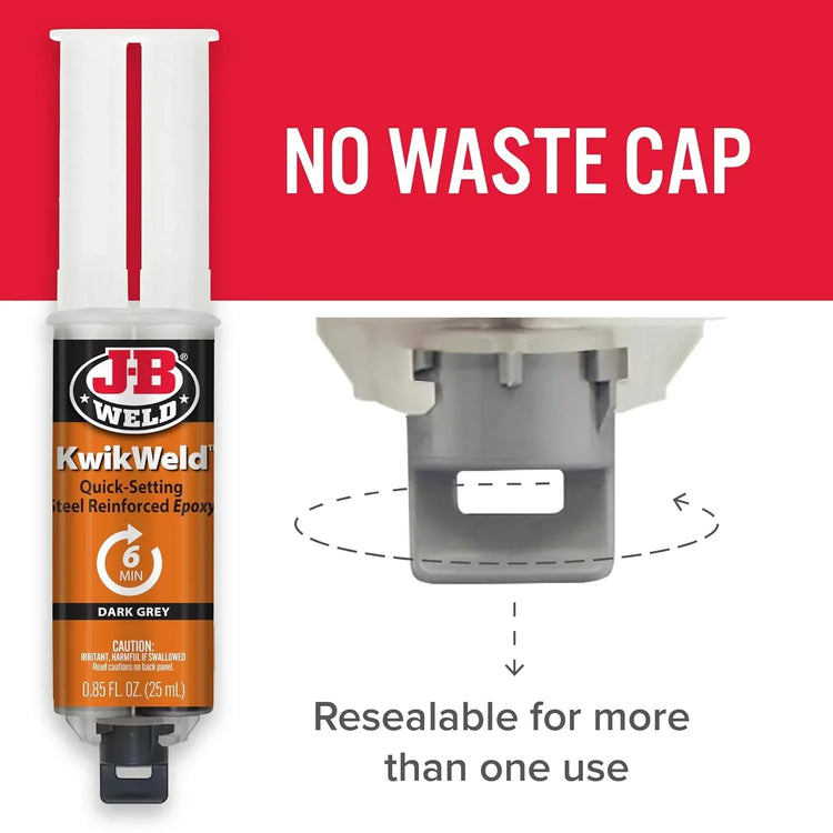 J-B Weld Kwikweld high-strength waterproof epoxy in dark grey, 2-pack, 25ml tubes, ideal for quick repairs and bonding.