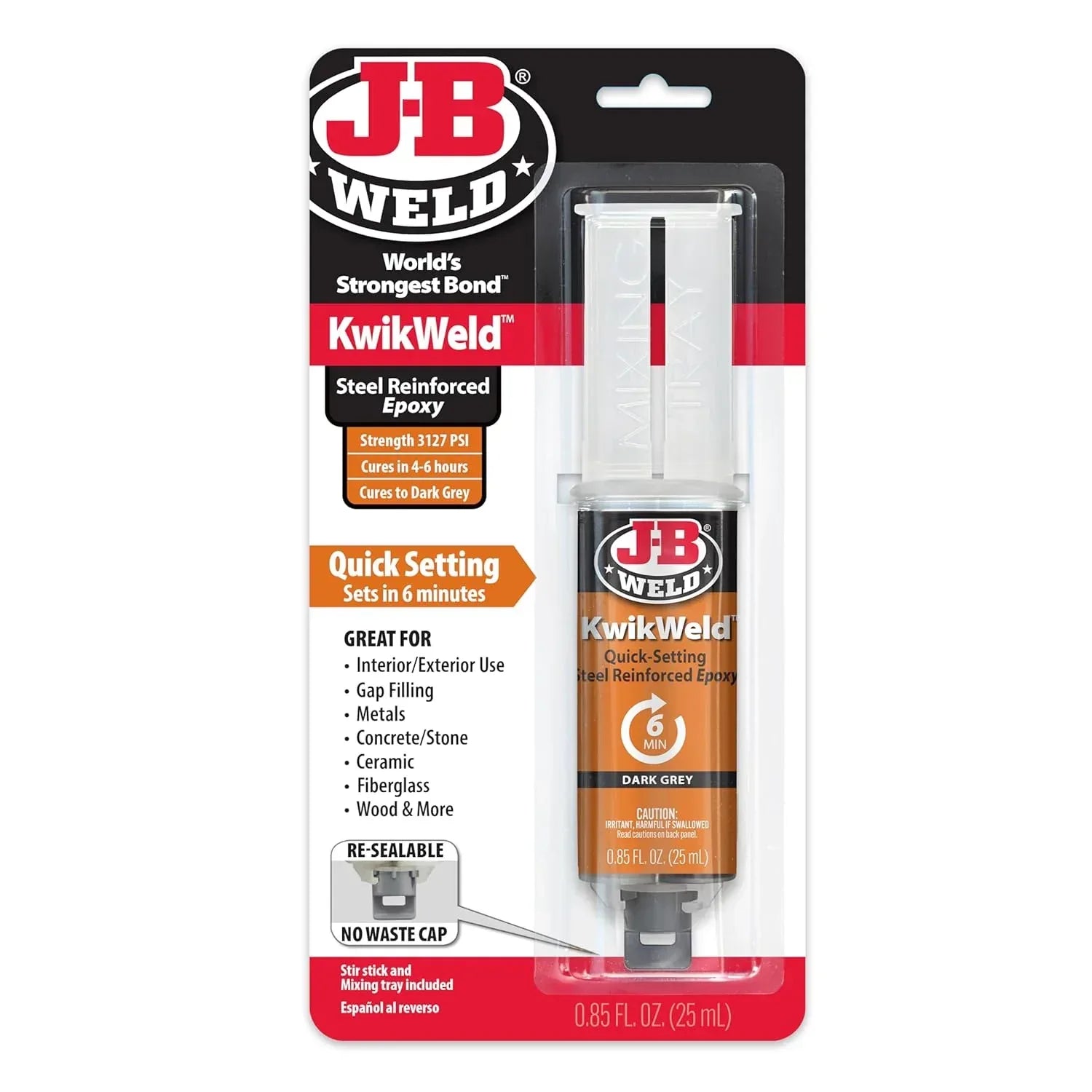 J-B Weld Kwikweld 6-Minute Set waterproof epoxy in dark grey, 2-pack, for high-strength repairs and bonding.