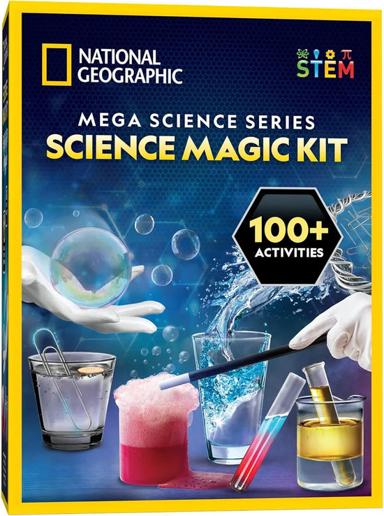 National Geographic Science Magic Kit for children, STEM science kit with colorful experiments and magic tricks for young learners.