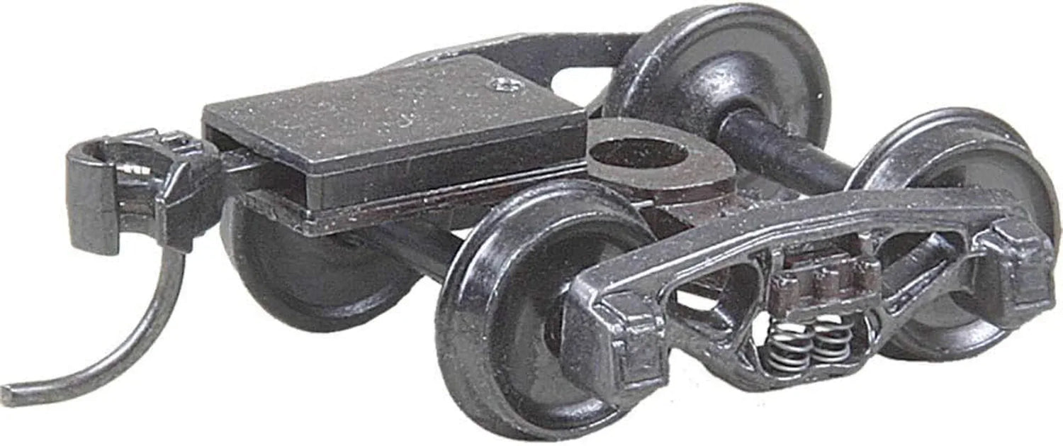 Kadee HO scale Bettendorf 50-ton trucks with springs, couplers, and 33-inch wheels, set of 2 for model train locomotives.