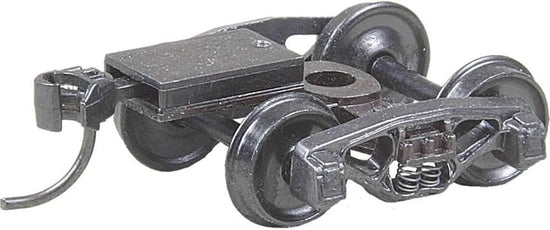 Kadee HO scale Bettendorf 50-ton trucks with springs, couplers, and 33-inch wheels, set of 2 for model train locomotives.