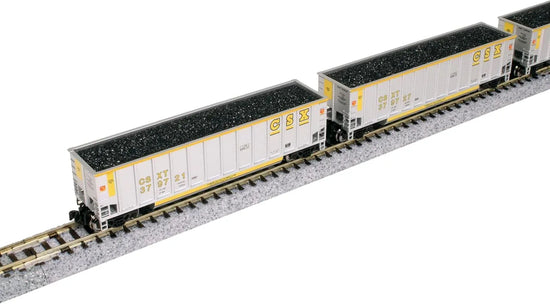 Kato USA Bethgon Coalporter 8-car model train set in CSX gondola style with detailed freight car features.
