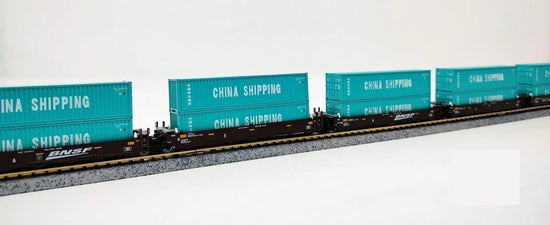 Kato N Scale Gunderson Maxi I 5-Unit Well Car in BNSF colors with Turquoise China Shipping Containers, model train accessory