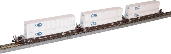 Kato N gauge Gunderson Maxi-IV BNSF original logo well car set with CSX container on model railway track