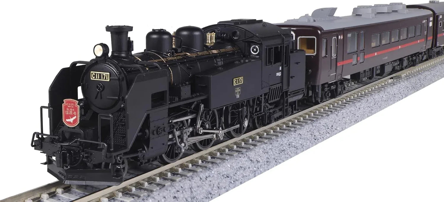 KATO N gauge C11 171 and 14 Series 500 Series SL Winter Wetland 6-car model train set with steam locomotive, detailed model railway scene