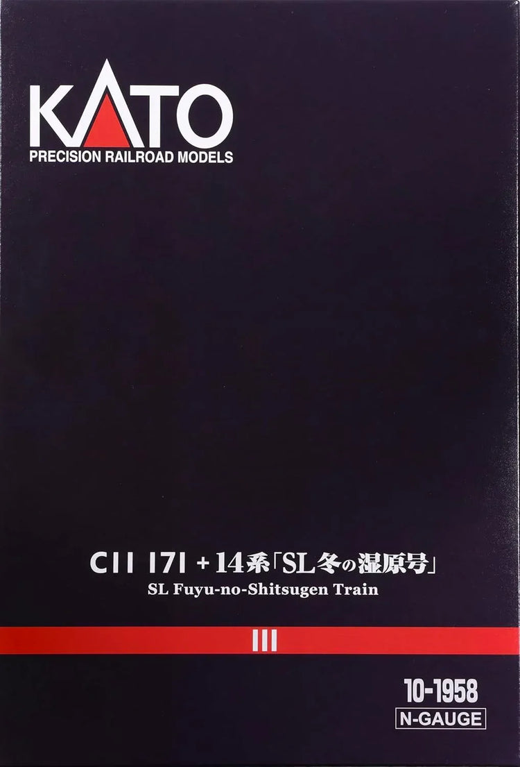KATO N Gauge C11 171 and 14 Series 500 SL Winter Wetland 6-car model train set with steam locomotive, detailed railway model.