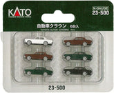 Set of six N scale 1980s Toyota vehicles by Kato USA Inc., detailed model collection for model train layouts and displays.