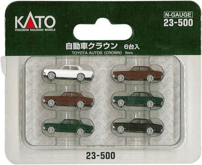 Set of six N scale 1980s Toyota vehicles by Kato USA Inc., detailed model collection for model train layouts and displays.