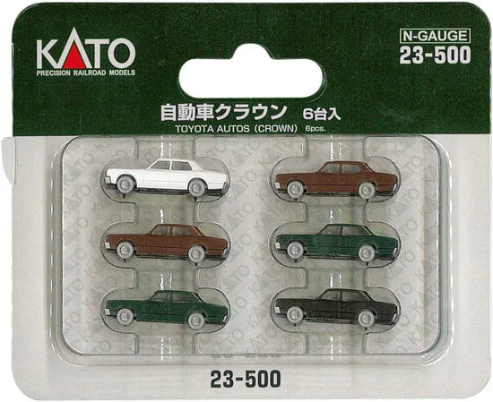 Set of six N scale 1980s Toyota vehicles by Kato USA Inc., detailed model collection for model train layouts and displays.
