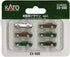 Set of six N scale 1980s Toyota vehicles by Kato USA Inc., detailed model collection for model train layouts and displays.