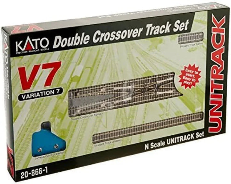 Kato Trains Model Train Products V7 UNITRACK double crossover track set with two sets of curved and straight tracks for model railroads.