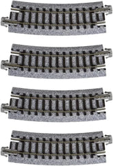 Set of four Kato USA Unitrack 282mm (11") radius 15-degree curve tracks for model train layouts.