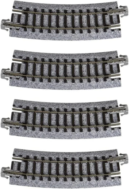 Set of four Kato USA Unitrack 282mm (11") radius 15-degree curve tracks for model train layouts.