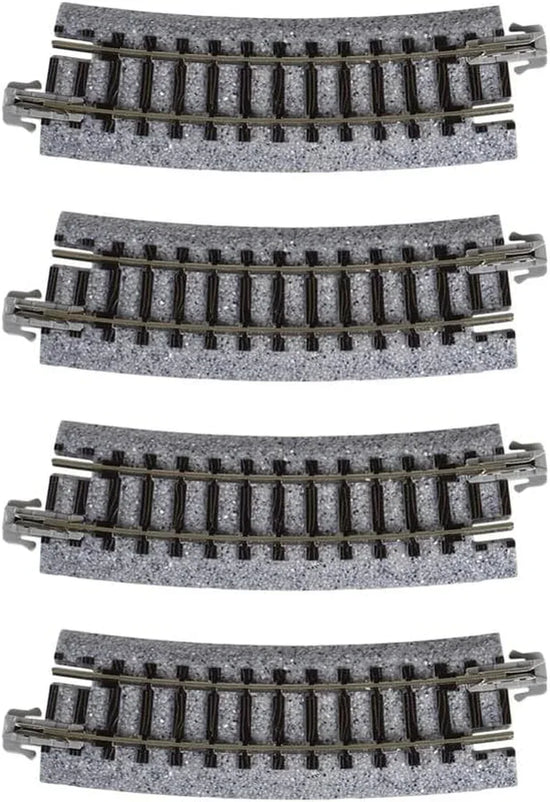 Set of four Kato USA Unitrack 282mm (11") radius 15-degree curve tracks for model train layouts.