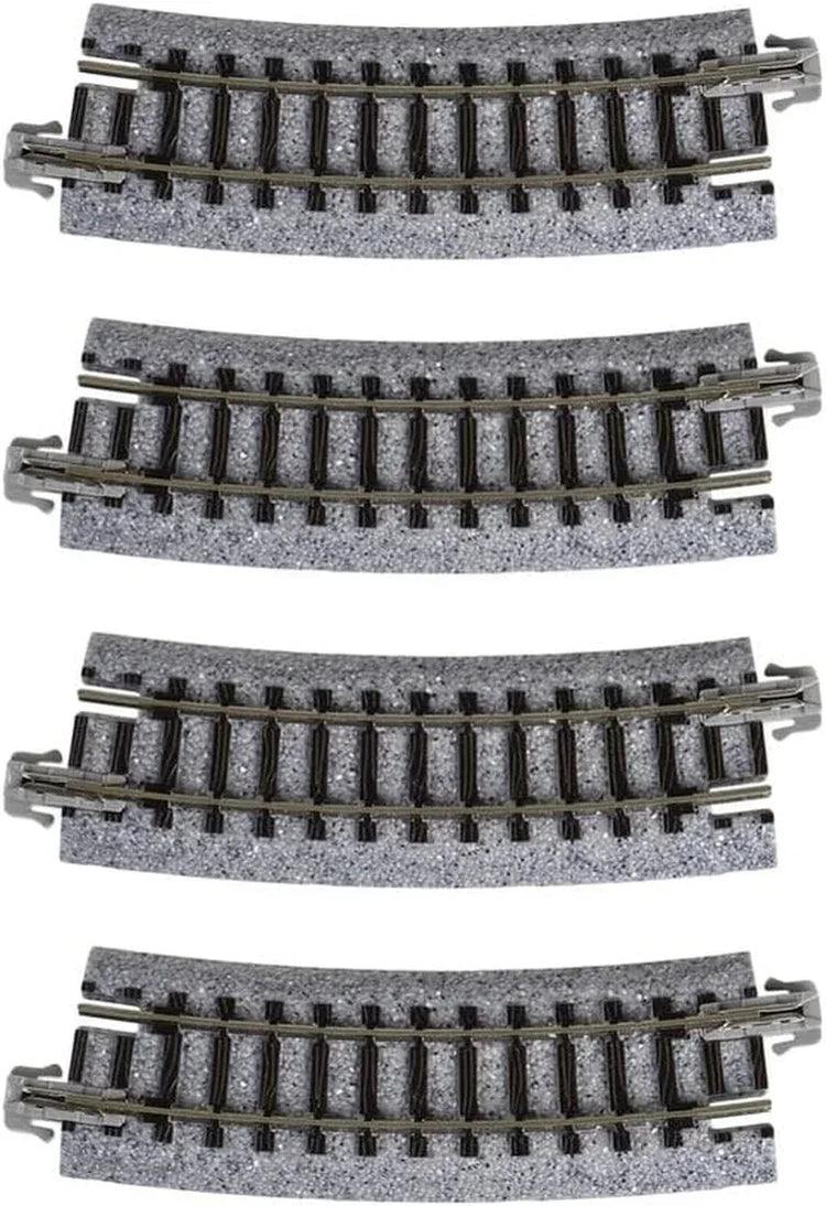 Set of four Kato USA Unitrack 282mm (11") radius 15-degree curve tracks for model train layouts.