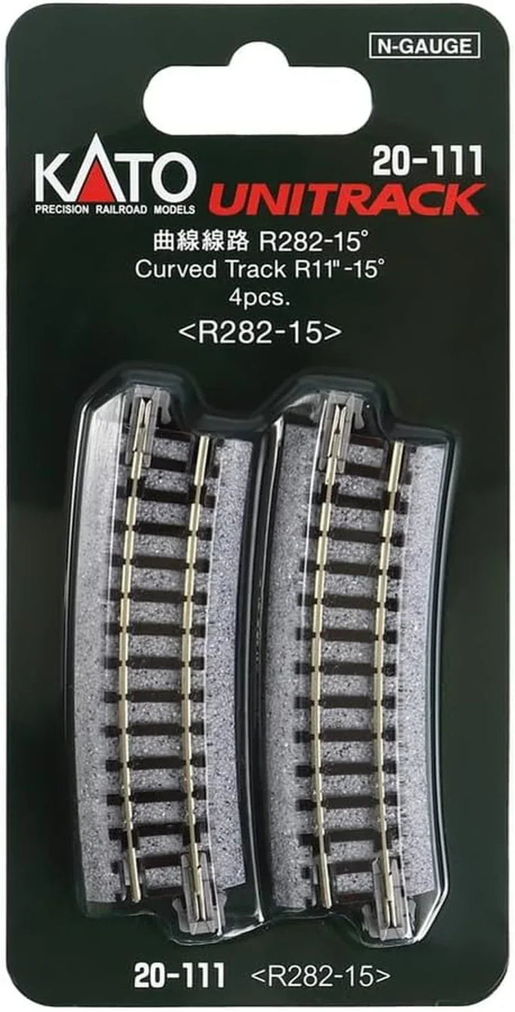 Kato USA Unitrack 282mm (11") radius 15-degree curve track set with four pieces for model train layouts.