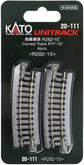 Kato USA Unitrack 282mm (11") radius 15-degree curve track set with four pieces for model train layouts.